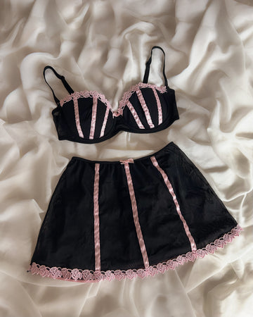 Black Pink Bra Skirt Set