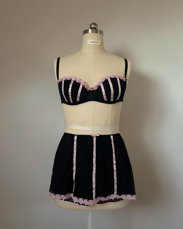Black Pink Bra Skirt Set